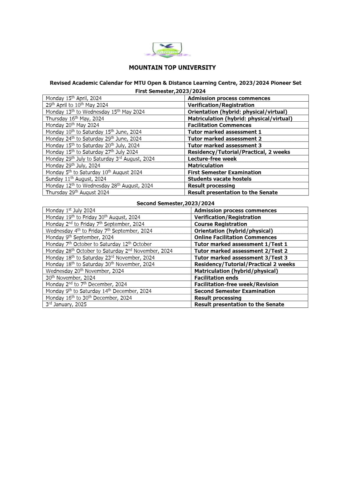 2023/2024 ODL ACADEMIC CALENDAR