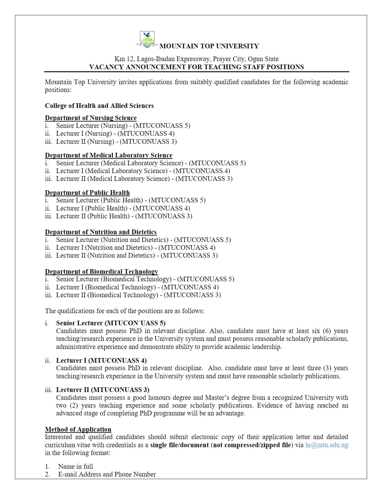 VACANCY ANNOUNCEMENT FOR TEACHING STAFF POSITIONS