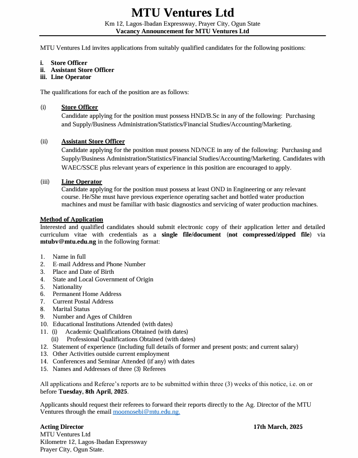 Vacancy Announcement for MTU Business Ventures