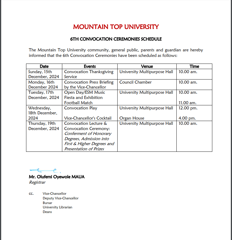 6TH CONVOCATION CEREMONIES SCHEDULE