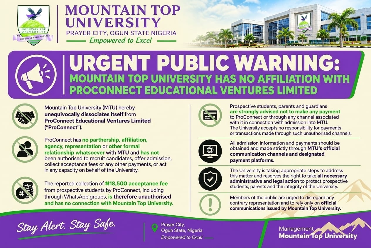 URGENT PUBLIC WARNING: MOUNTAIN TOP UNIVERSITY HAS NO AFFILIATION WITH PROCONNECT EDU...