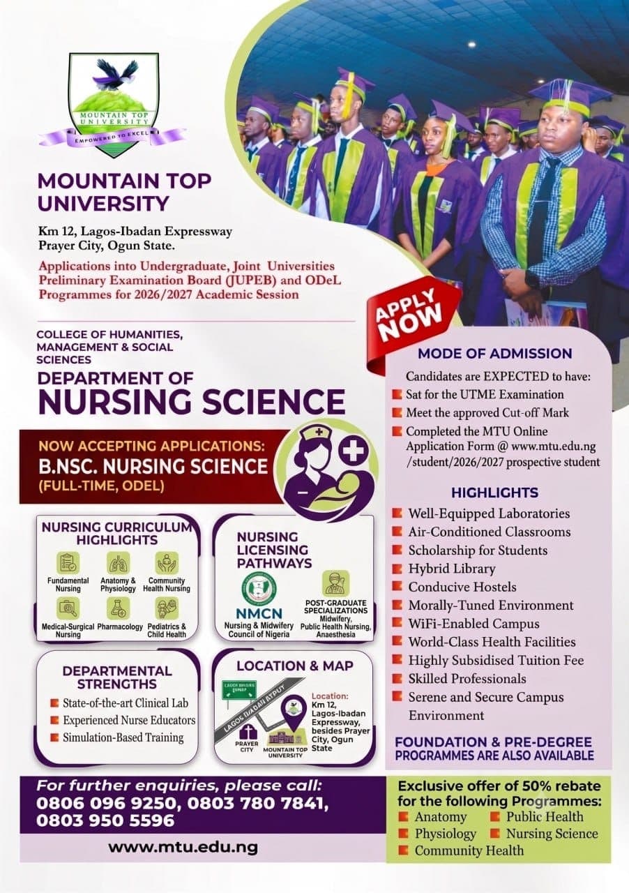 Mountain Top University Announces B.NSc. Nursing Science Admissions for 2026/2027 Academic Session